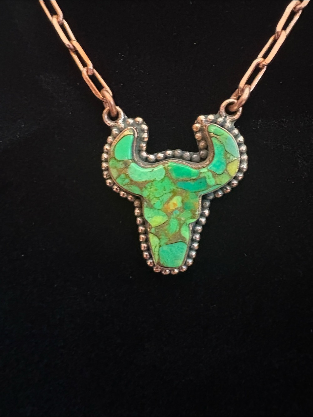 Peacock Dahlia Bull Head Copper Necklace